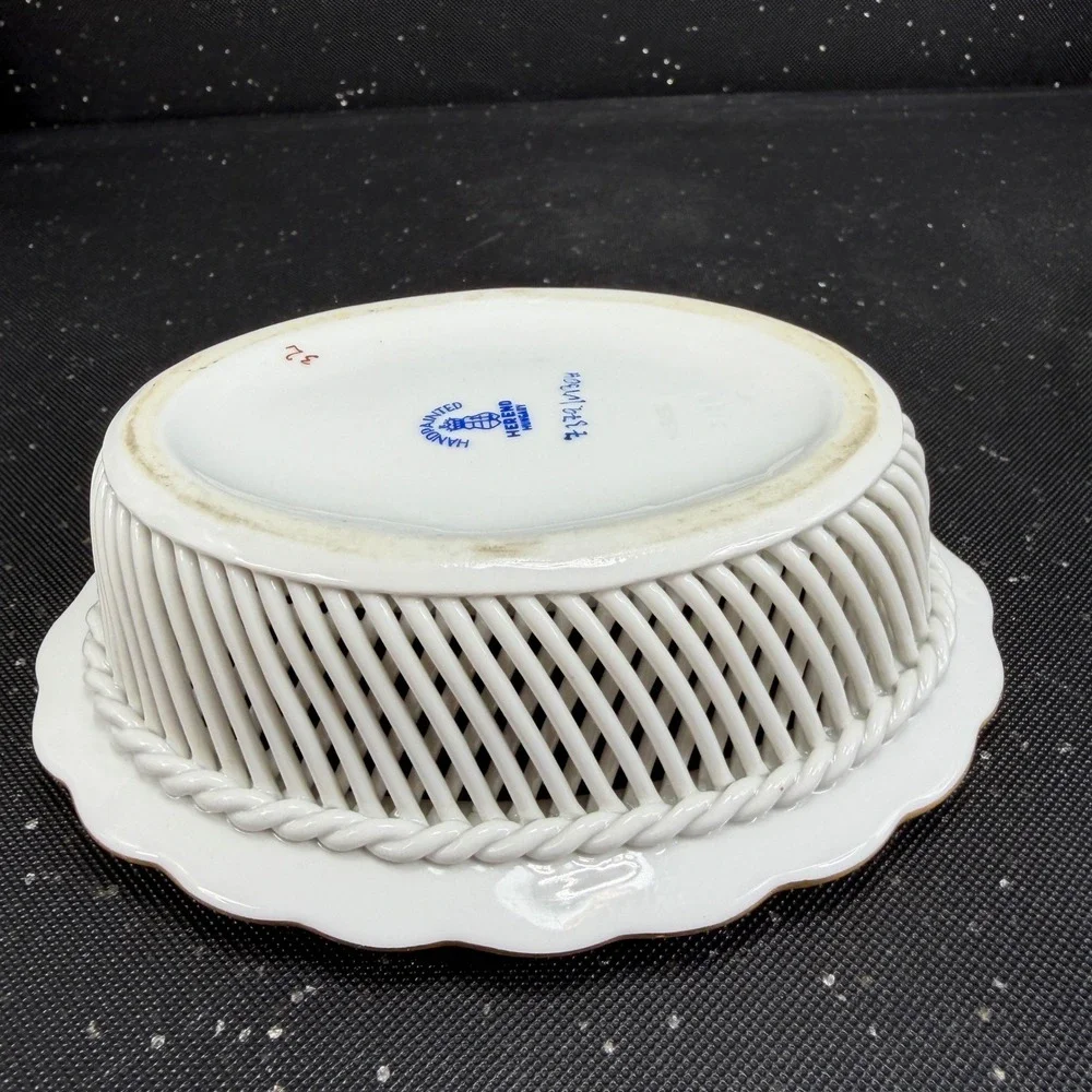 Herend Hungary Hand Painted Rust Floral Reticulated Porcelain Weave Basket Dish